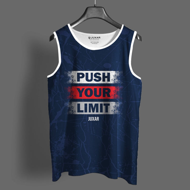 Juxar navy blue sleeveless gym wear for men with Push Your Limit print, best sleeveless gym wear for men