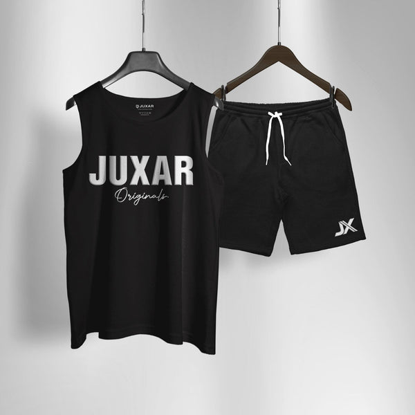 Juxar black and white cord set for men including sleeveless tank top and drawstring shorts