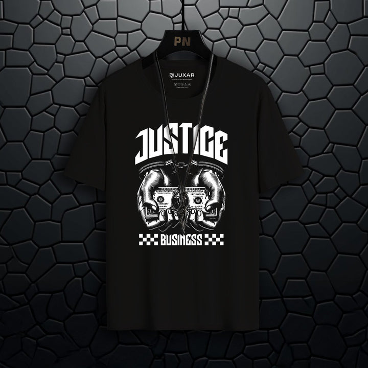 Juxar black business theme t-shirt with justice graphic and hands holding money design