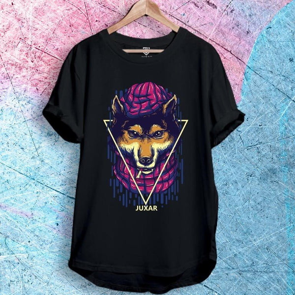 Juxar cotton black fox longline t-shirt with colorful fox head graphic in neon triangle