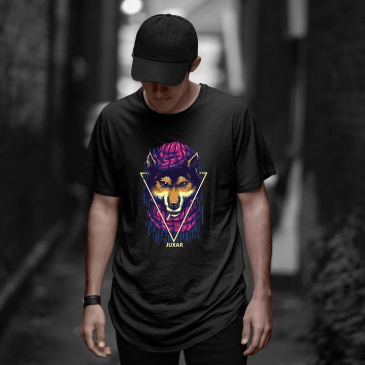 Juxar cotton black fox longline t-shirt on male model featuring neon fox graphic and streetwear fit