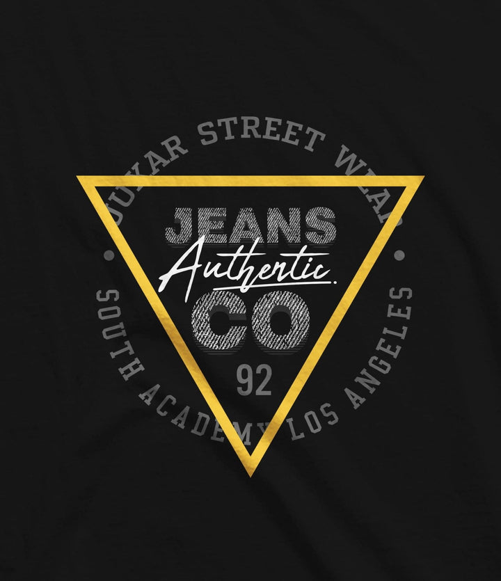 Juxar black LA muscle tank featuring a gold triangle and jeans authentic co graphic print