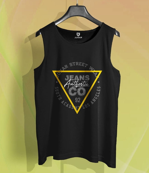 Juxar black LA muscle tank for men with yellow triangle and jeans graphic print