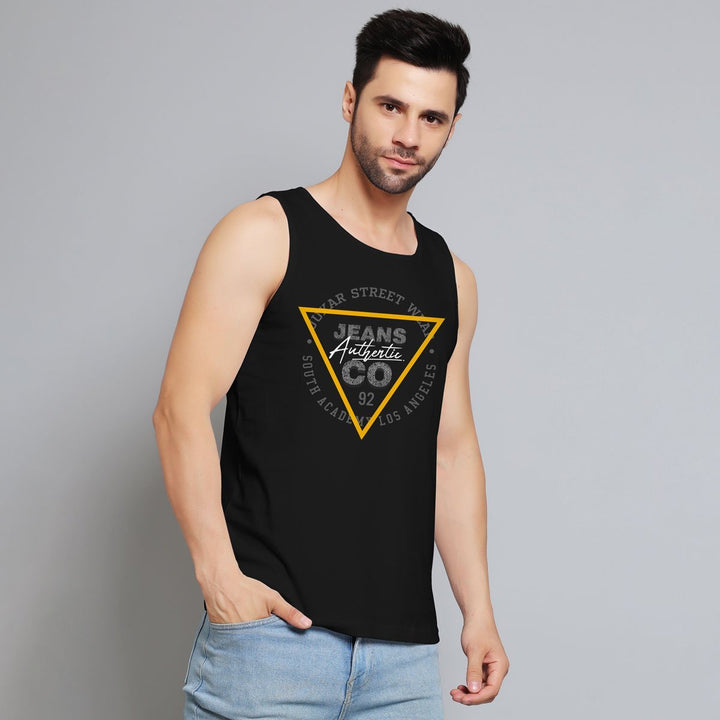 Juxar mens black LA muscle tank with graphic print and casual fit worn with light blue jeans
