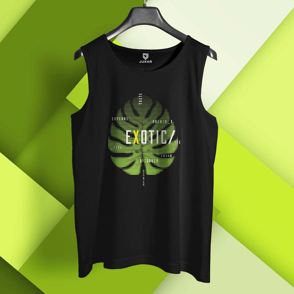 Juxar black leaf print tank for men with green leaf graphic and exotic text design