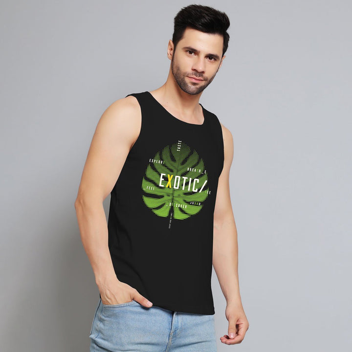 Juxar black leaf print tank for men featuring a green tropical leaf design and sleeveless fit