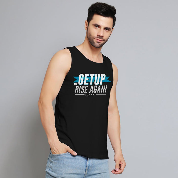 Juxar black muscle sando for gym with motivational blue and white text design model wearing light blue jeans