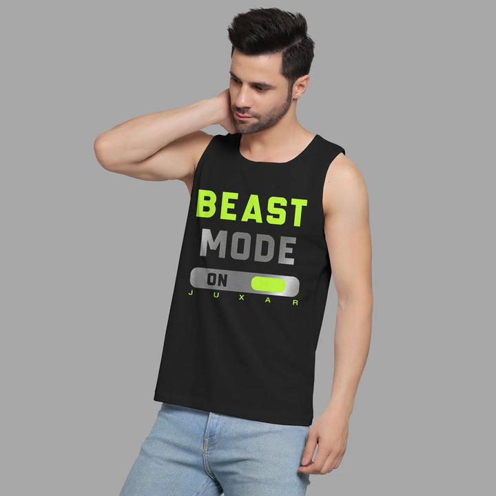 Juxar mens black sando with beast mode graphic and toggle design worn with light blue jeans