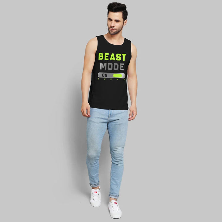 Juxar men's black sando tank top with Beast Mode print in green and gray paired with light blue jeans