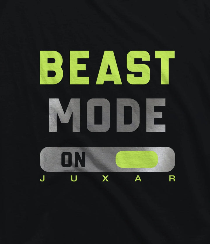 Juxar mens black sando with Beast Mode on graphic in green and gray print