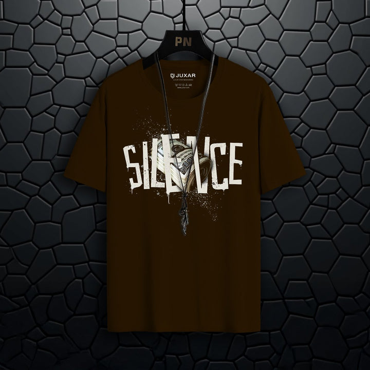Juxar black silence t-shirt for men with bold white text and graphic design on front
