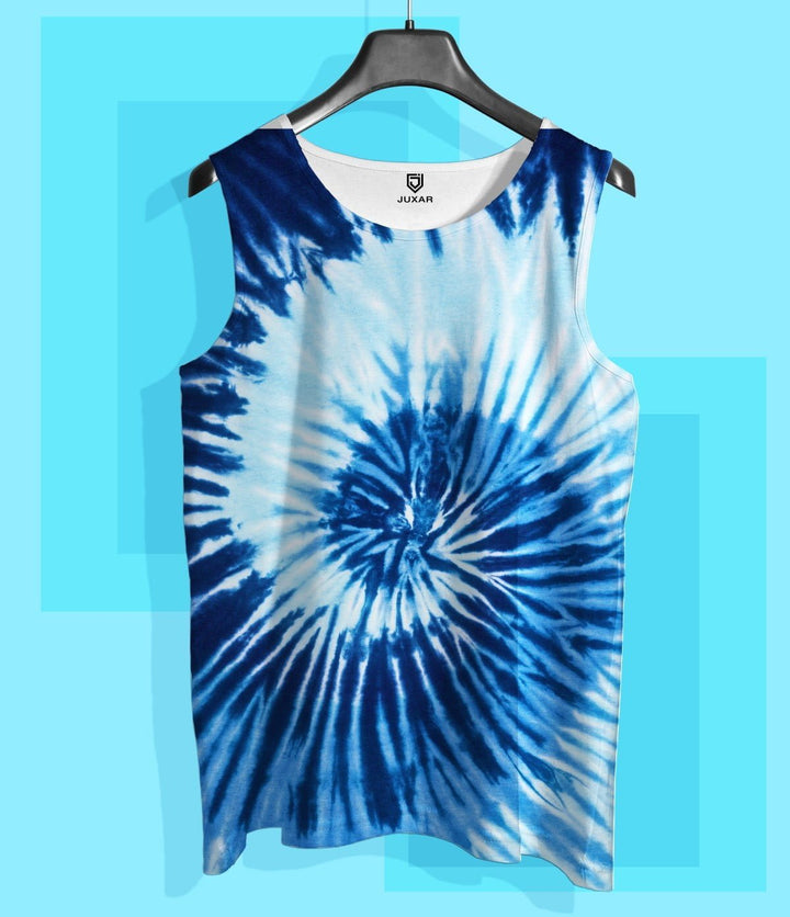 Juxar mens blue tie dye sando sleeveless tank top with spiral pattern on hanger