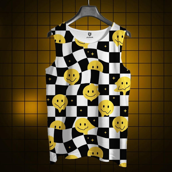 Juxar men's body fit sleeveless tank top with black and white checkered pattern and yellow smiley faces