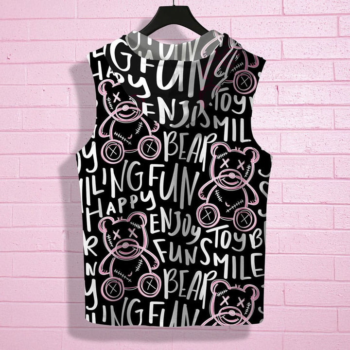 Juxar men's sleeveless bodybuilder hoodie with black background and white and pink teddy bear graffiti print