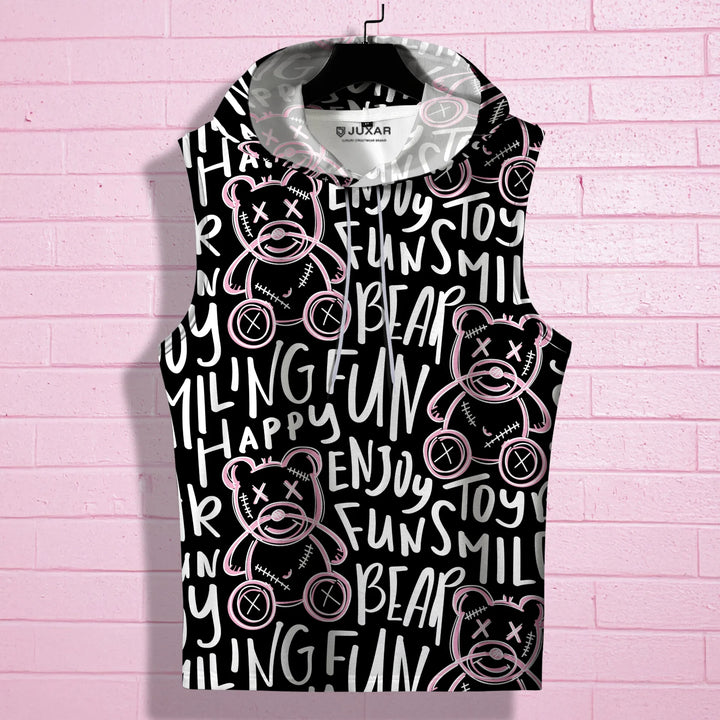 Juxar sleeveless bodybuilder hoodie with black and white graffiti bear and text design