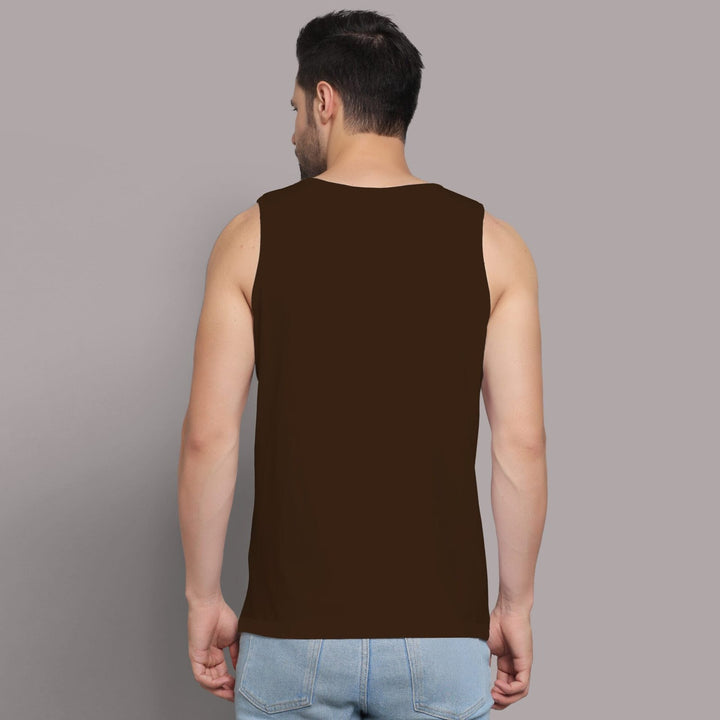Juxar mens bodybuilding graphic sando in dark brown shown from the back with sleeveless design