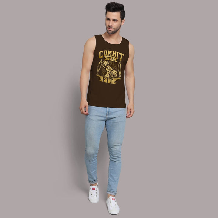 Juxar mens bodybuilding graphic sando in brown with fitness motivational print and sleeveless design