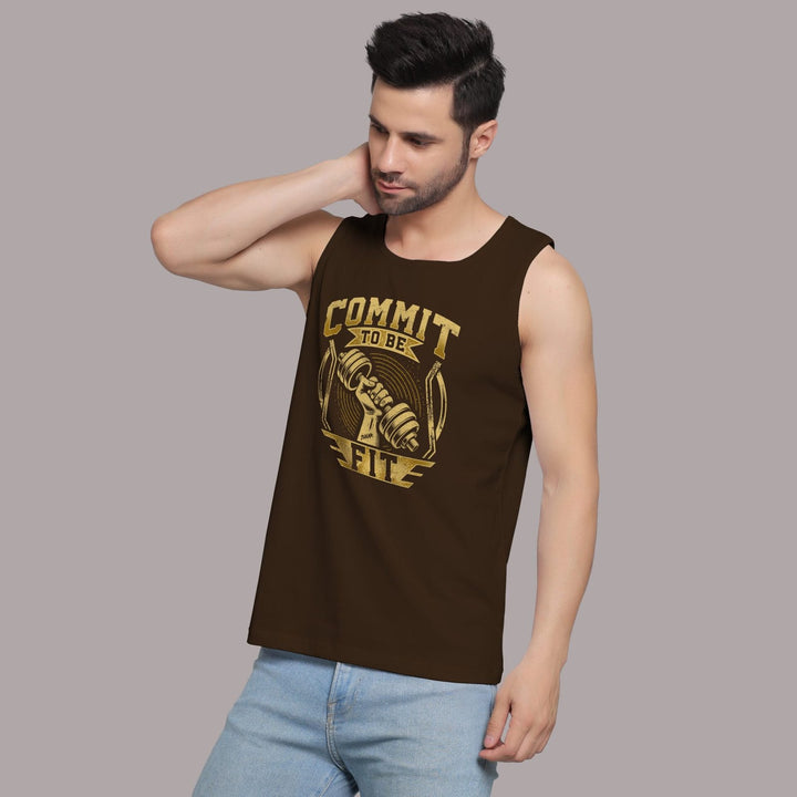 Juxar mens bodybuilding graphic sando in dark brown with Commit to be Fit fitness design