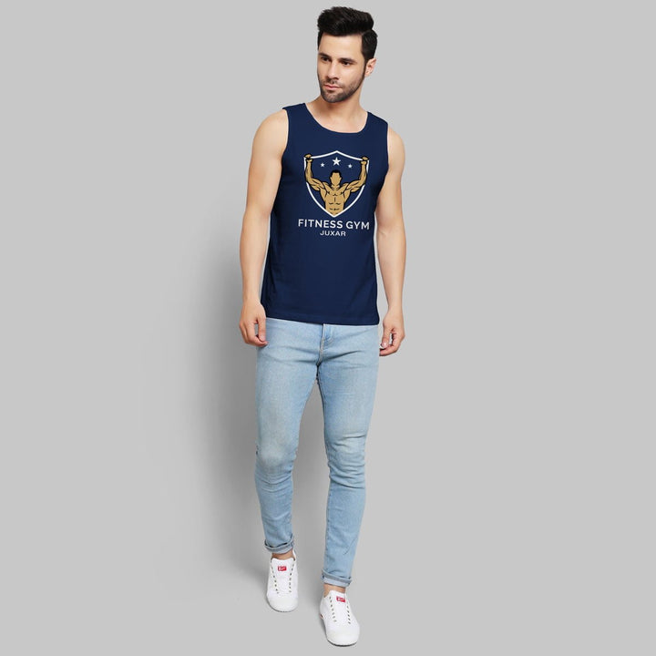 Juxar men's navy sleeveless tank top with Fitness Gym logo, ideal bodybuilding gym wear