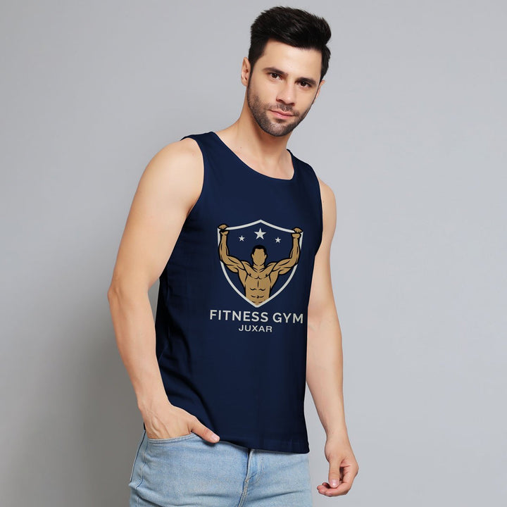 Mens navy blue Juxar sleeveless tank top with Fitness Gym logo bodybuilding gym wear