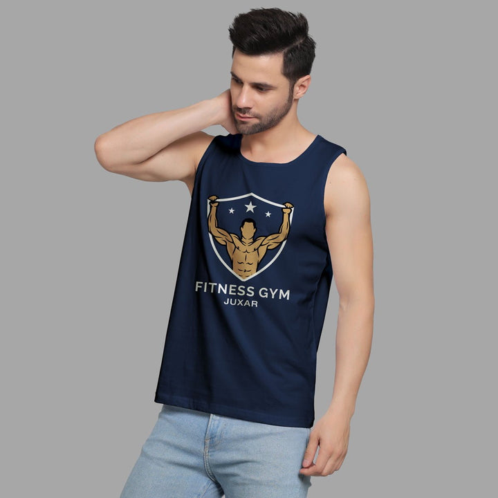Juxar men's navy sleeveless tank top with Fitness Gym logo bodybuilding gym wear