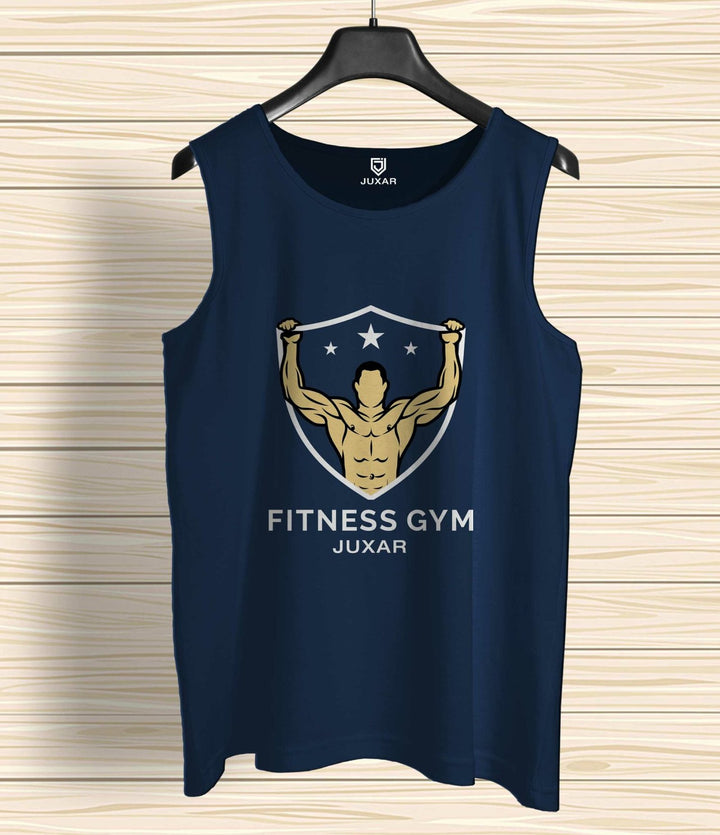 Juxar men's sleeveless navy tank top with bodybuilding gym wear design and fitness gym logo
