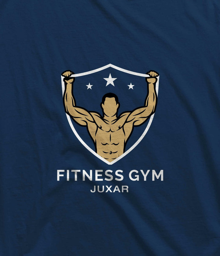 Juxar men's navy blue fitness gym shirt with muscular figure logo for bodybuilding gym wear