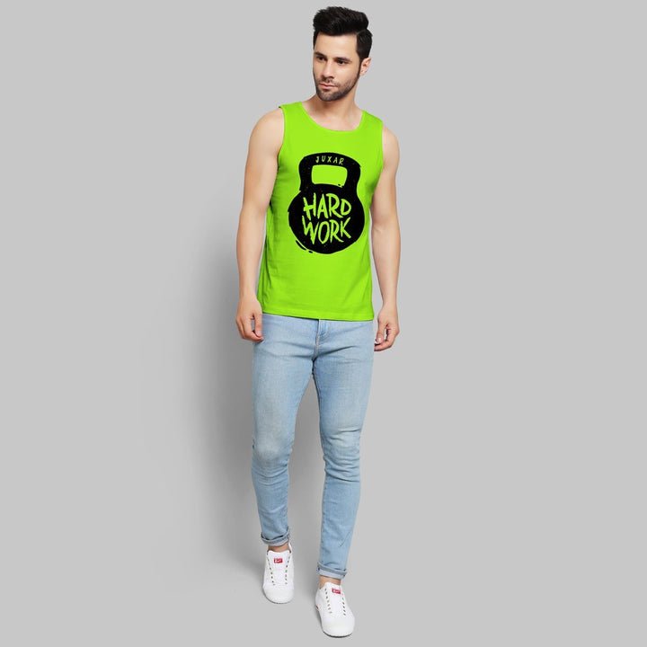 Juxar men's bold print sleeveless tee in neon green with black hard work graphic