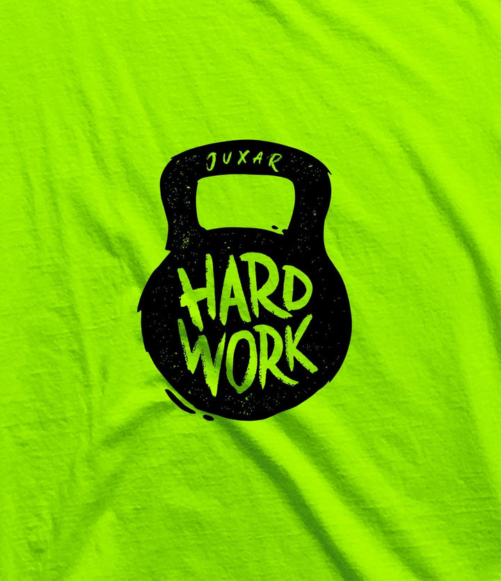 Juxar men's bold print sleeveless tee with black kettlebell hard work graphic on neon green