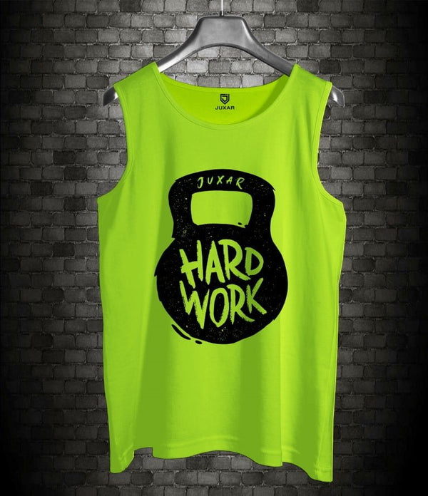 Juxar men's bold print sleeveless tee in bright green with black kettlebell and hard work design