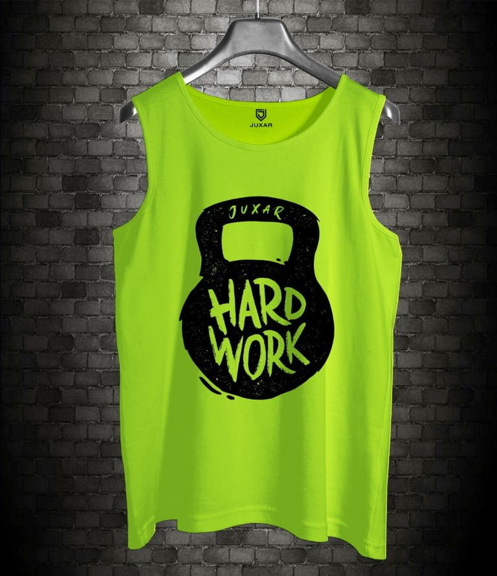 Juxar men's bold print sleeveless tee in bright green with black kettlebell and hard work design