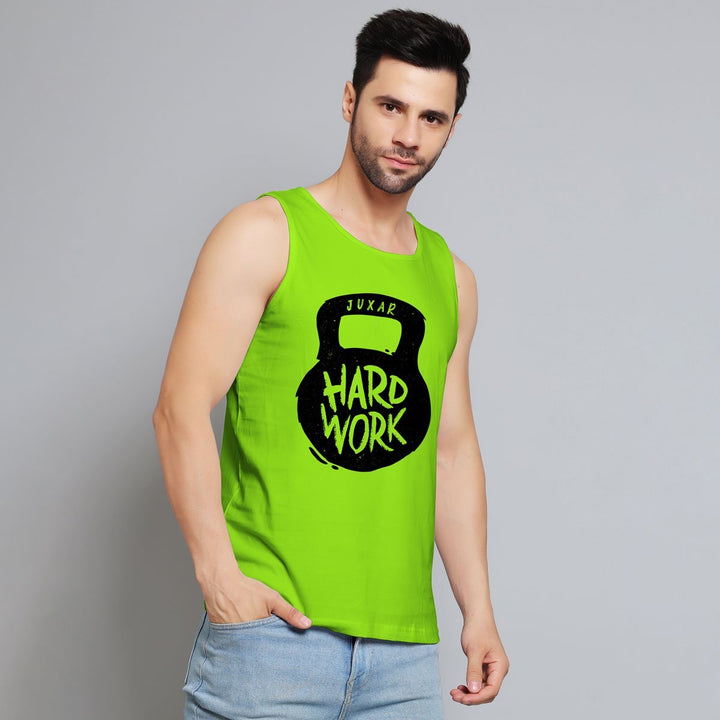 Juxar mens bright green bold print sleeveless tee with hard work kettlebell design