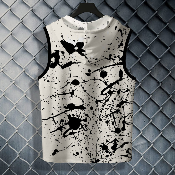 Juxar boys sleeveless hoodie in white with black paint splatter design and hood on hanger