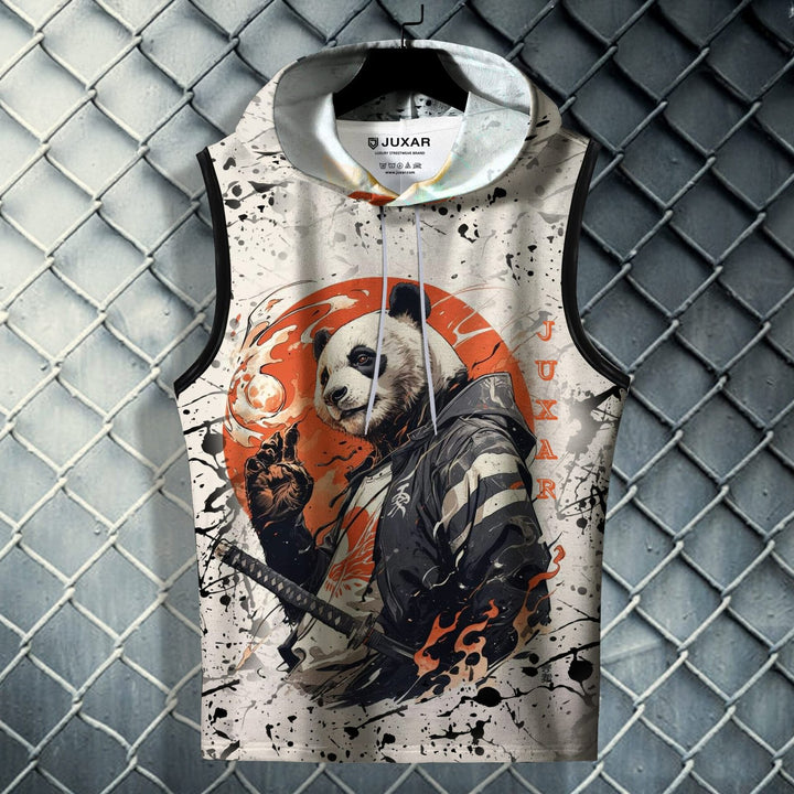Juxar boys sleeveless hoodie with panda warrior graphic and drawstring hood in black and white