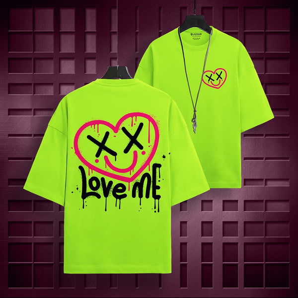 Juxar oversized breathable cotton baggy t-shirt in neon green with graffiti heart and love me print