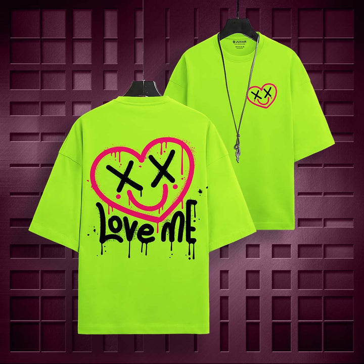 Juxar oversized breathable cotton baggy t-shirt in neon green with graffiti heart and love me print