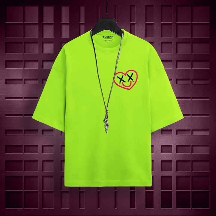 Juxar oversized breathable cotton baggy t-shirt in neon green with heart graphic and necklace