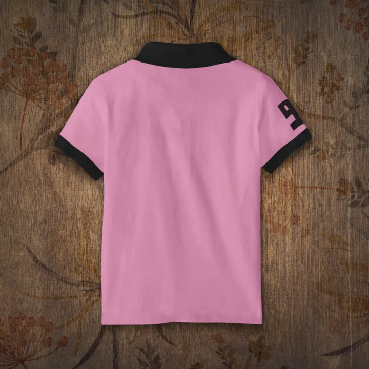 Juxar pink polo shirt back view with black collar and cuffs and sleeve number 9 breathable cotton polo t shirt