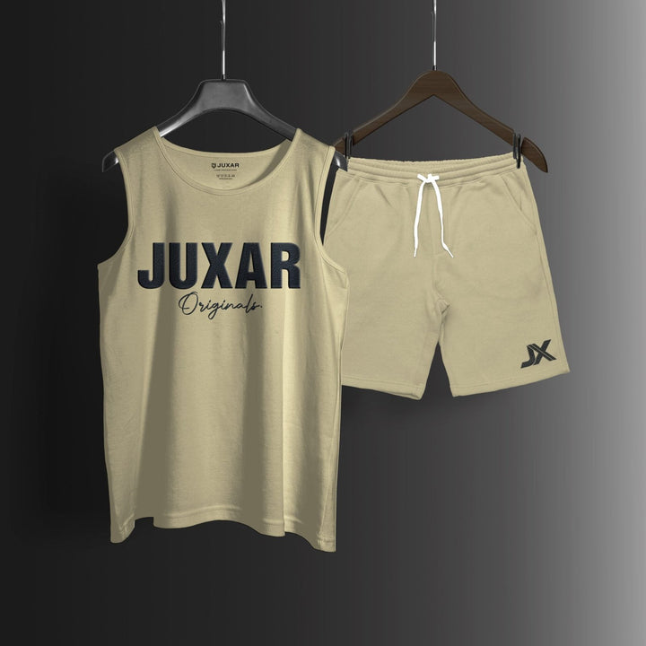 Juxar breathable fabric cord set sleeveless tank top and shorts in beige color