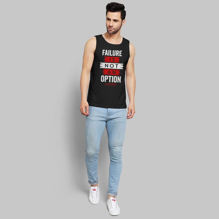 Juxar breathable men's gym wear black sleeveless tank top with motivational print and light blue jeans
