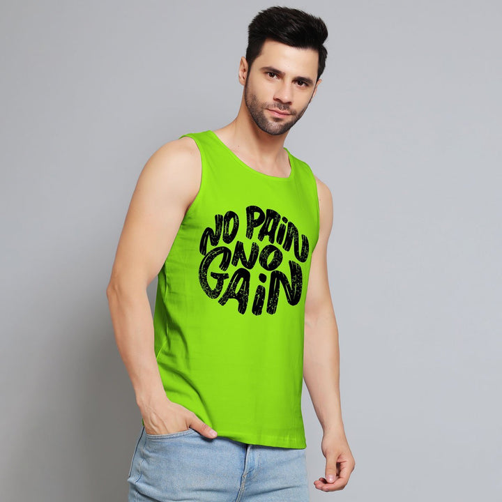 Bright green sando for men with no pain no gain black text print worn by male model