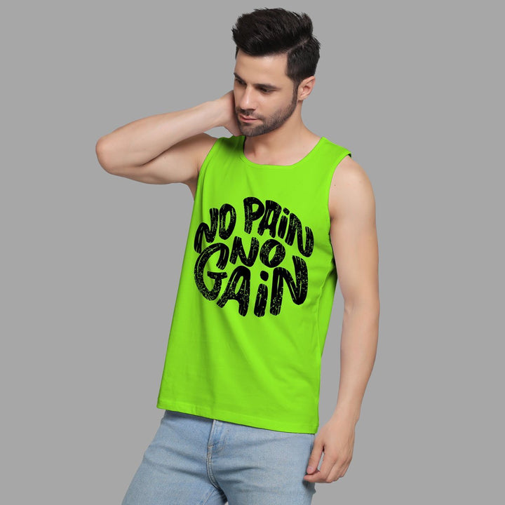 Bright green sando for men with no pain no gain black text print, worn by male model