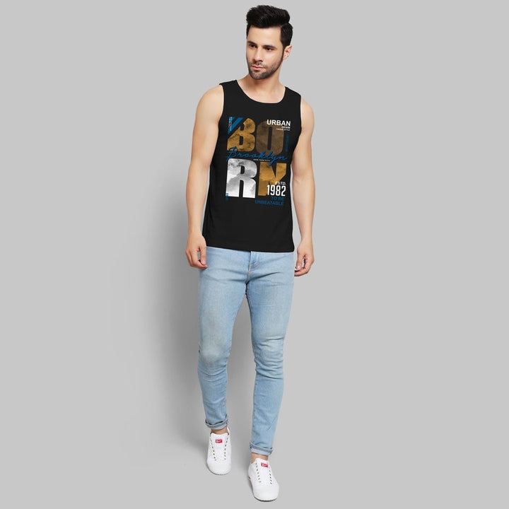 Juxar men's Brooklyn streetwear sando black sleeveless shirt with bold graphic print