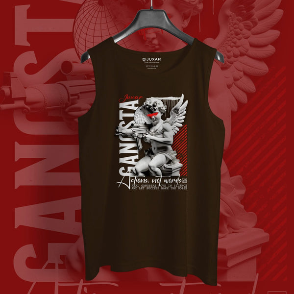 Juxar men's brown hip hop sando tank top with angel graphic and bold text design