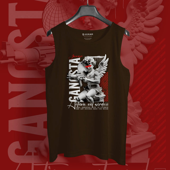 Juxar men's brown hip hop sando tank top with angel graphic and bold text design