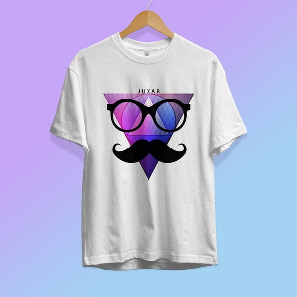 Juxar budget cotton t shirt in white with purple triangle, black glasses, and mustache graphic