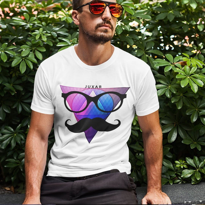 Juxar white budget cotton t shirt with graphic glasses and mustache design worn by man outdoors