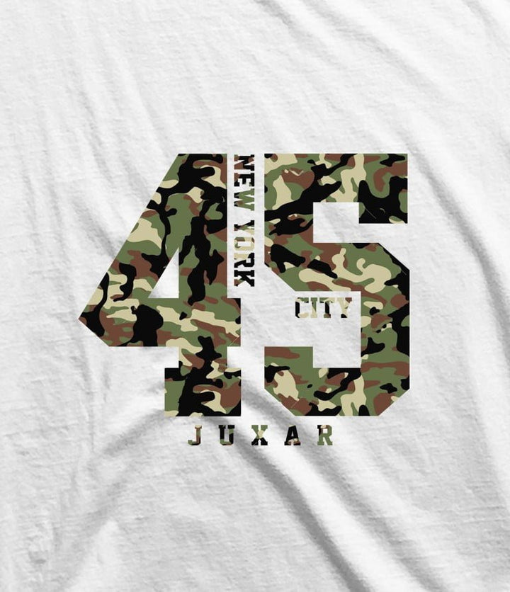 Juxar men's camo print muscle shirt with large 45 graphic and New York City text
