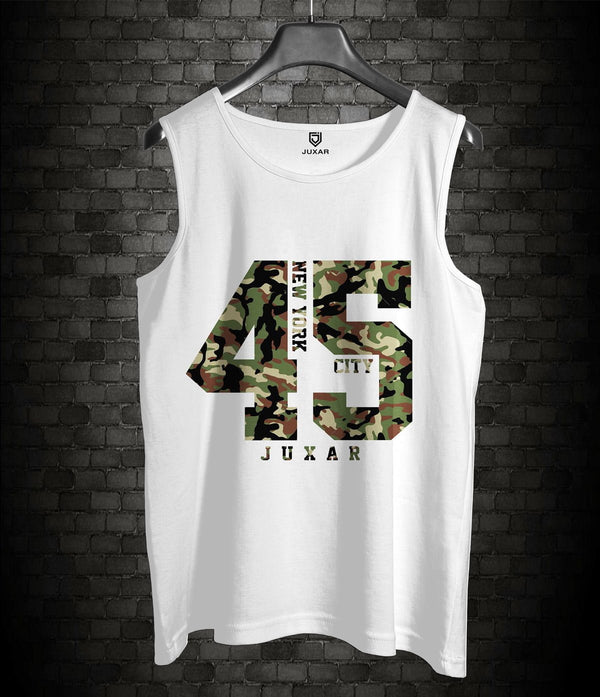 Juxar white men's camo print muscle shirt with 45 graphic and New York City text