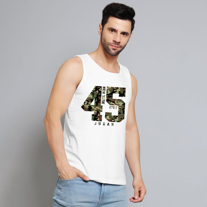 Juxar mens white sleeveless tank top with camo print muscle shirt number 45 design